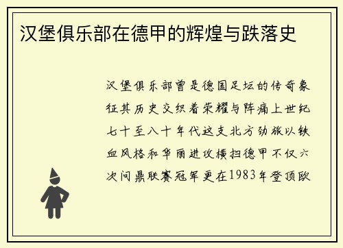 汉堡俱乐部在德甲的辉煌与跌落史