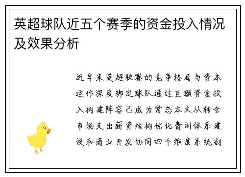 英超球队近五个赛季的资金投入情况及效果分析